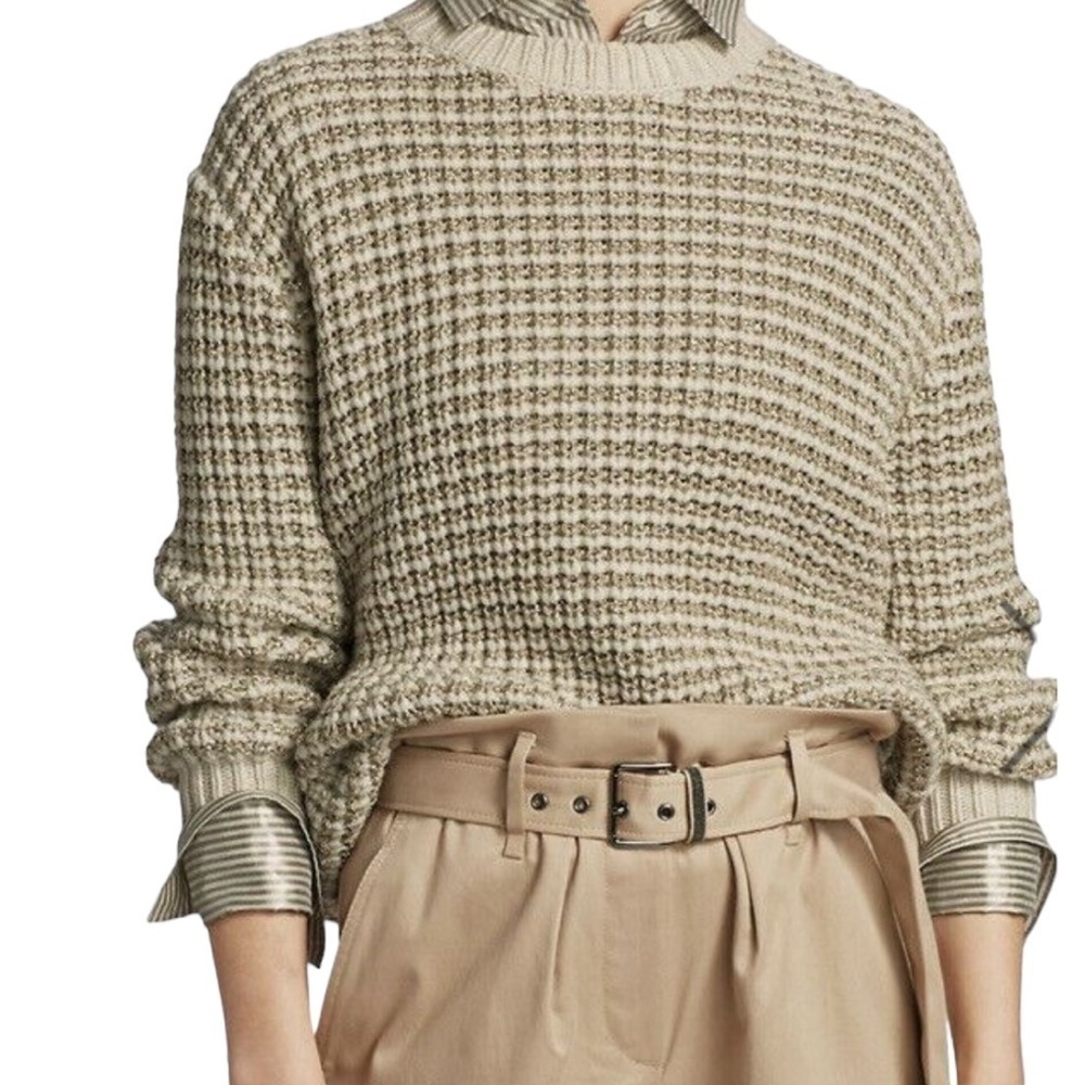 BRUNELLO CUCINELLI WOMEN LUREX STRIPPED WOOL CASHMERE SWEATER BEIGE XXL